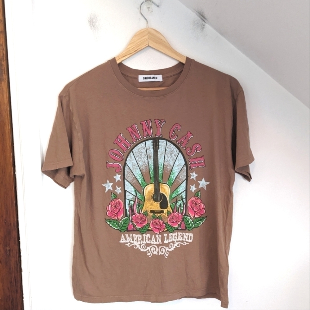 DAYDREAMER Brown Johnny Cash American Legend Graphic Boyfriend Tee NEW Size XS